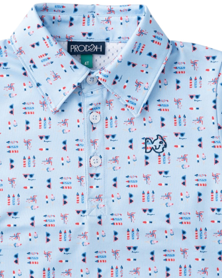 Light blue shirt with colorful pattern and ProDen logo on a white background