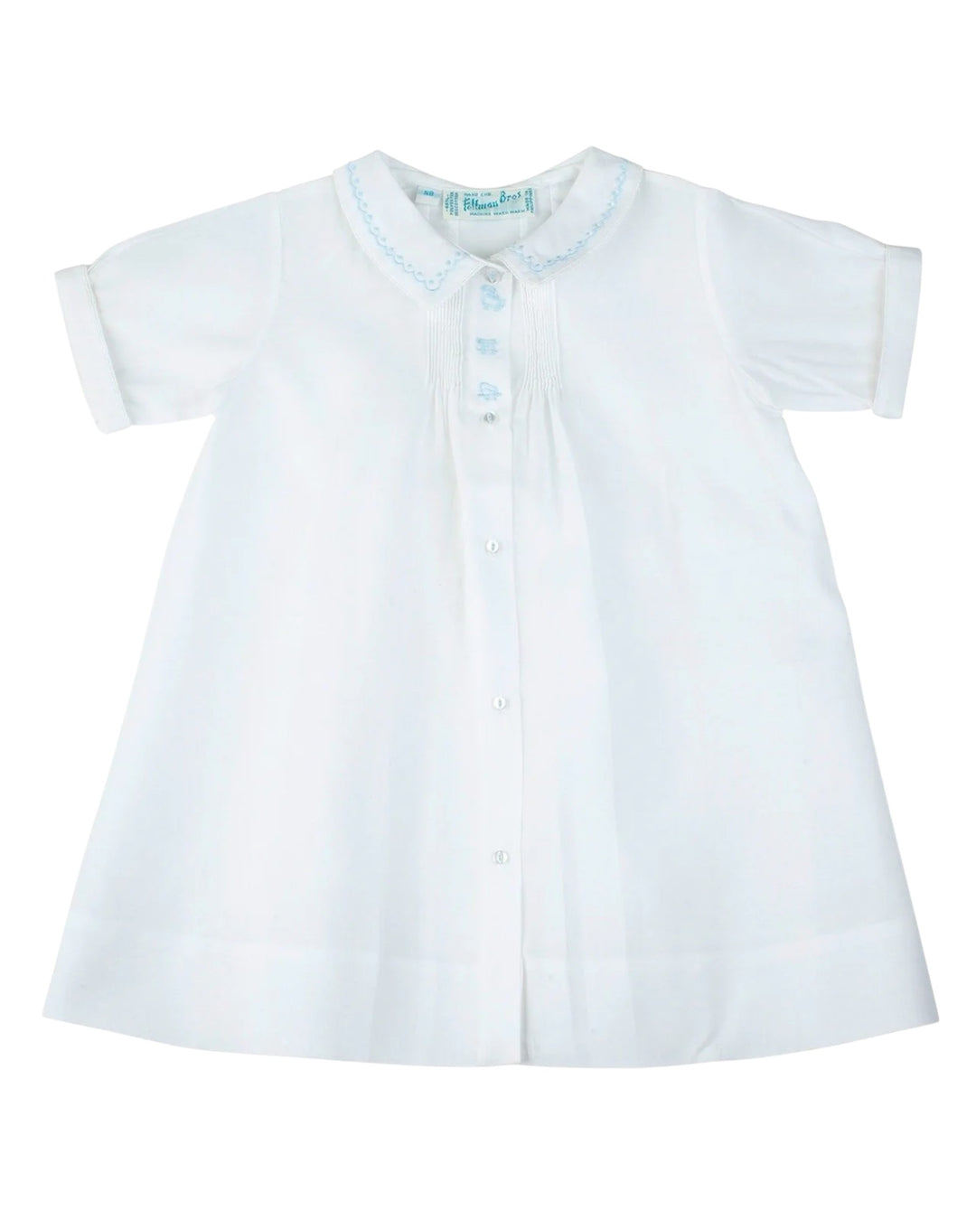 White dress shirt with blue trim on a white background