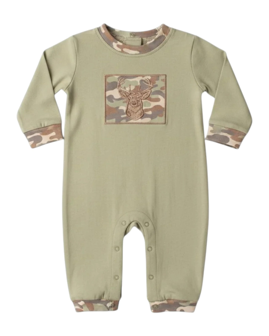 A sage green long-sleeve baby romper with camouflage trim on the collar, cuffs, and hems, featuring a square chest graphic of a deer head on a camouflage background, that store