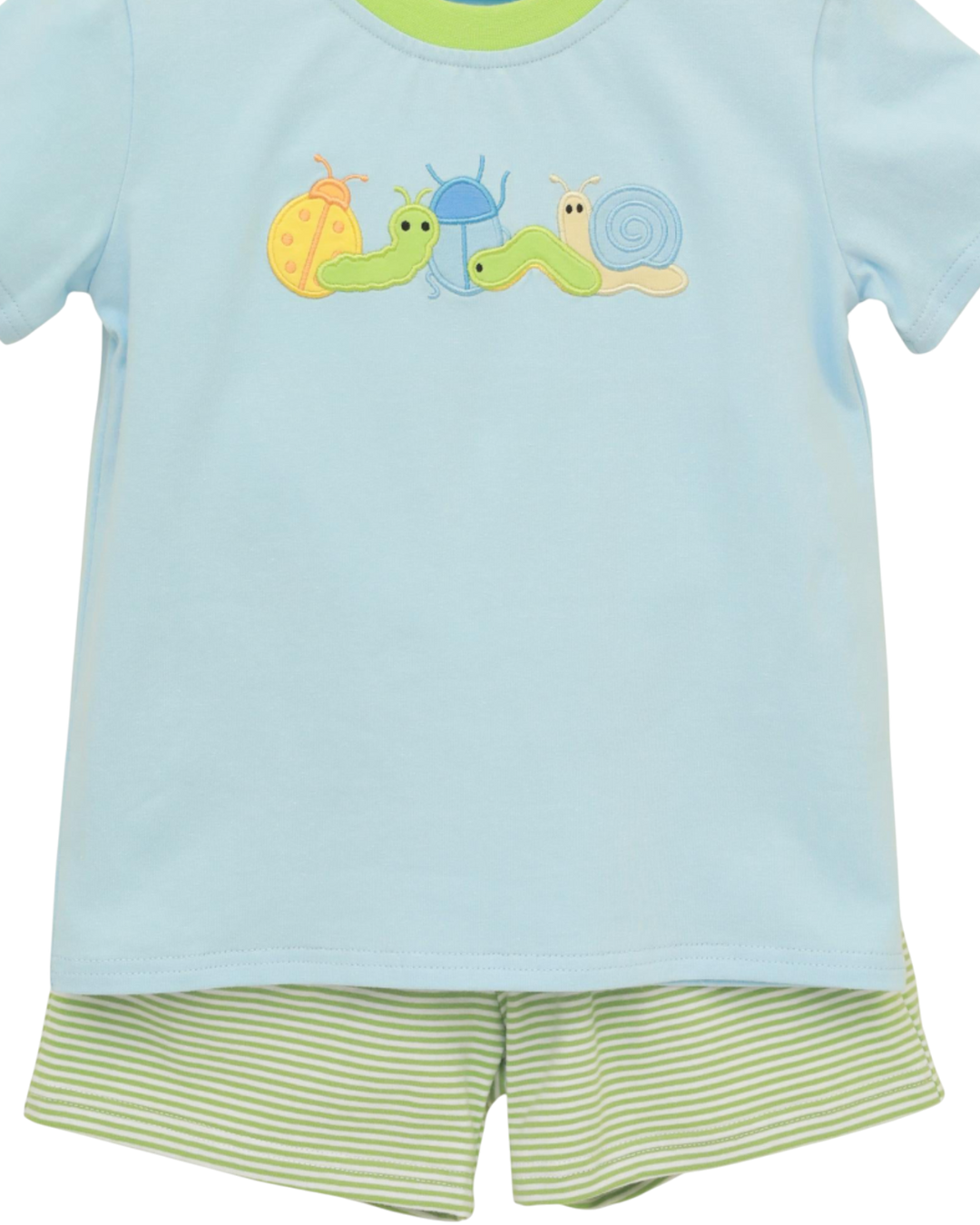 Children's blue t-shirt with snail designs and green shorts on a white background