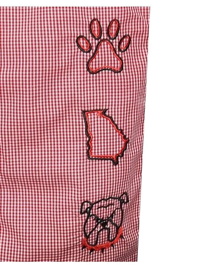Red checkered fabric with paw print, state outline, and bulldog head designs.