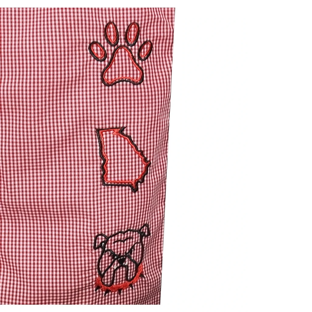 Red checkered fabric with paw print, state outline, and bulldog head designs.