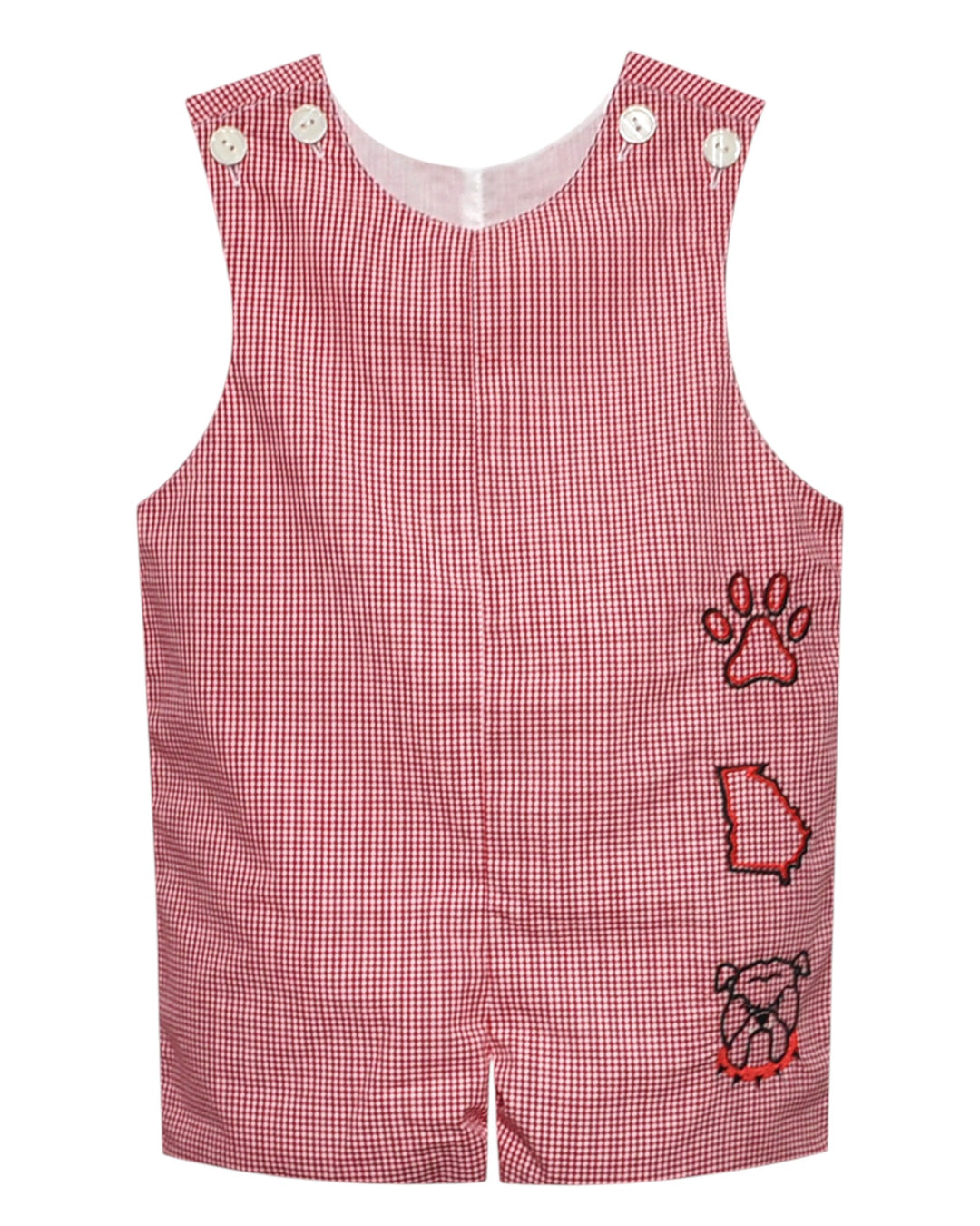 Red checkered romper with paw print design on a white background
