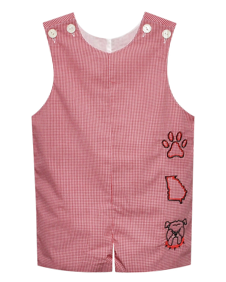 Red checkered romper with paw print design on a white background
