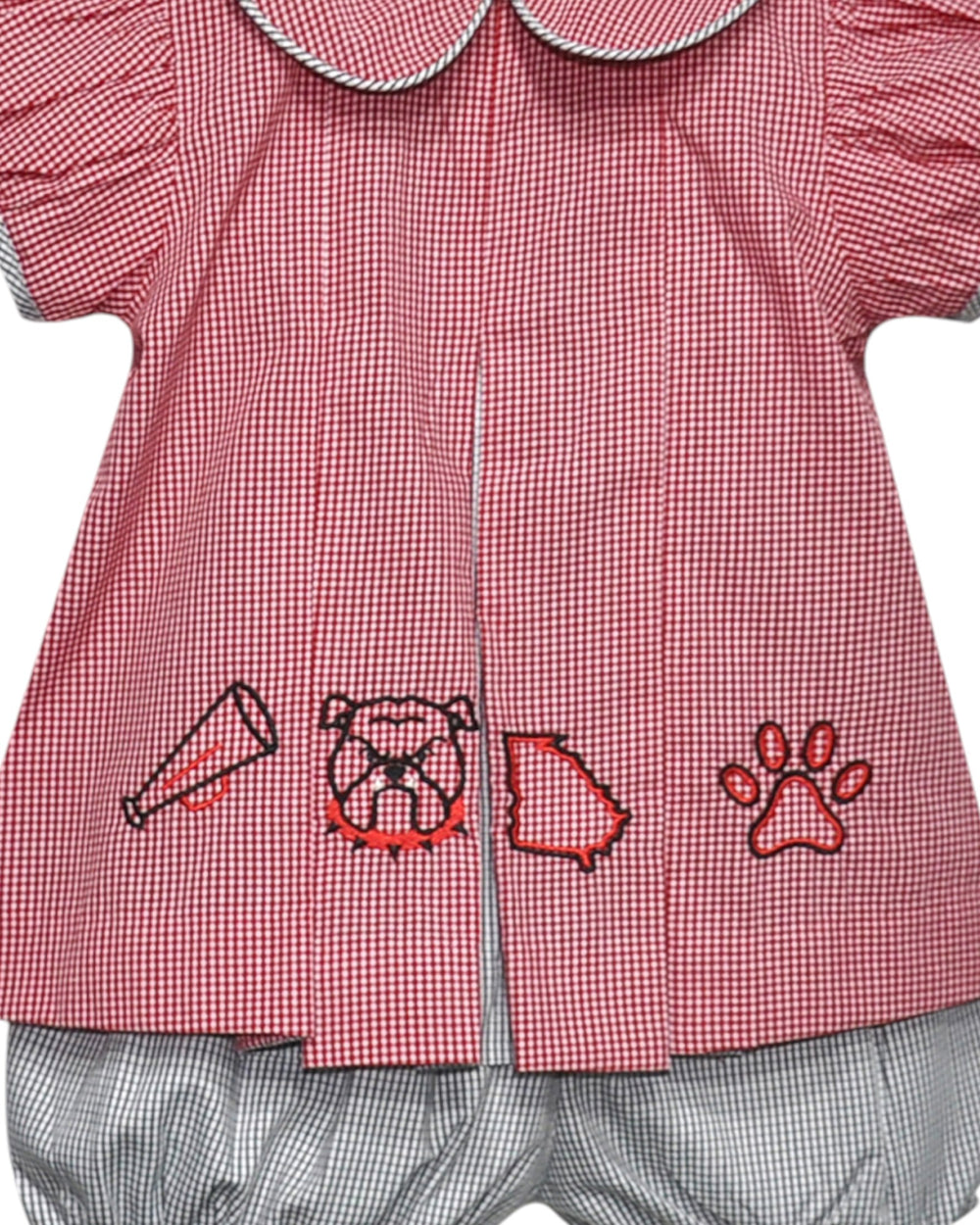 Red and white checkered shirt with bulldog and paw print designs on a white background