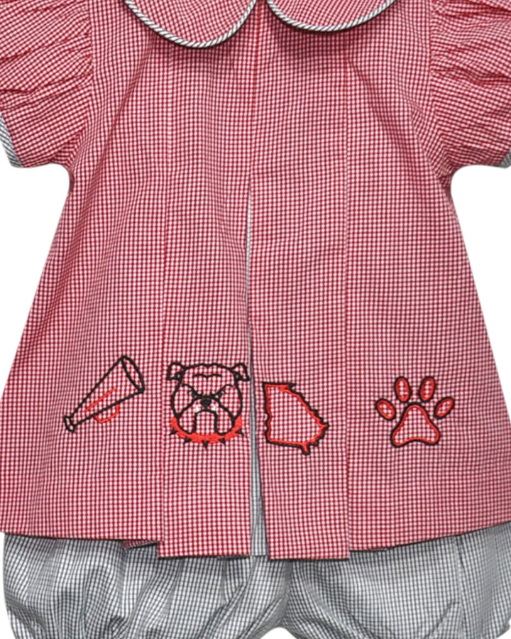Red and white checkered shirt with bulldog and paw print designs on a white background