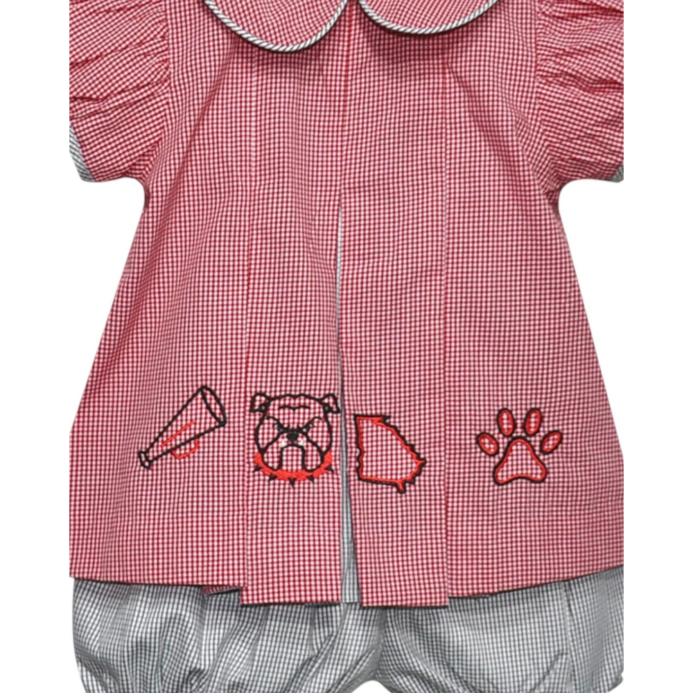 Red and white checkered shirt with bulldog and paw print designs on a white background