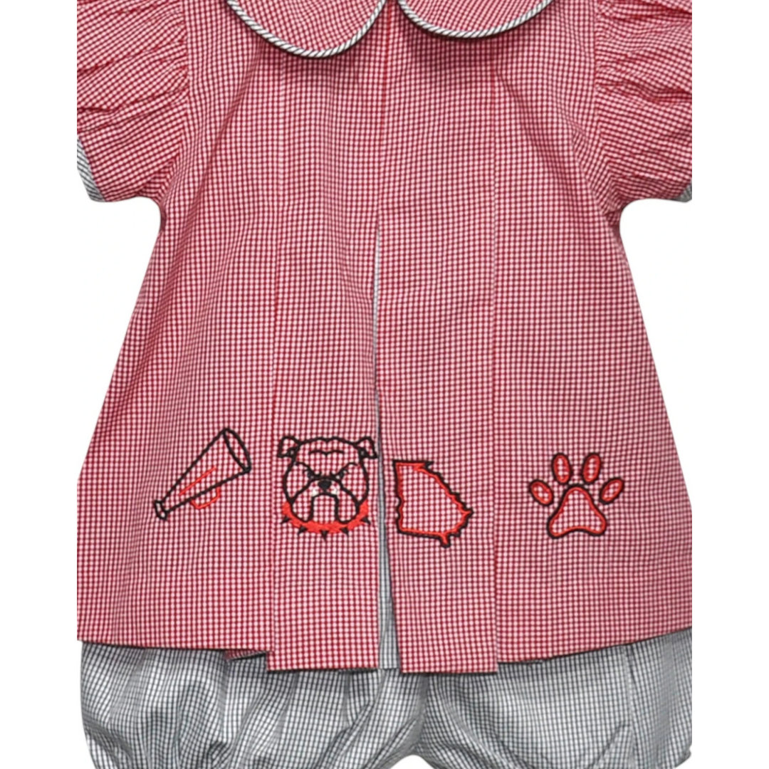 Red and white checkered shirt with bulldog and paw print designs on a white background