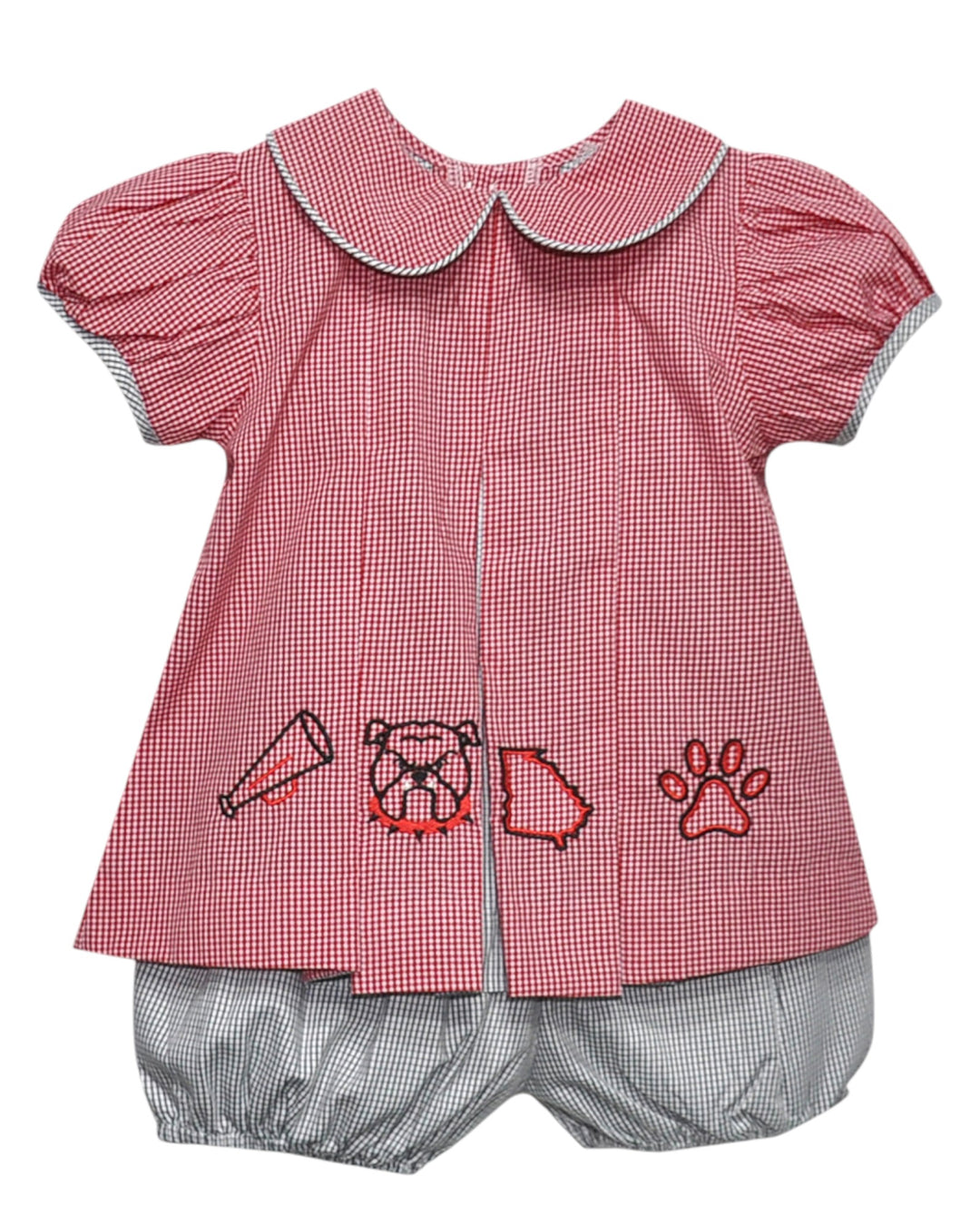 Red checkered top with embroidered designs and gray bloomers on a white background