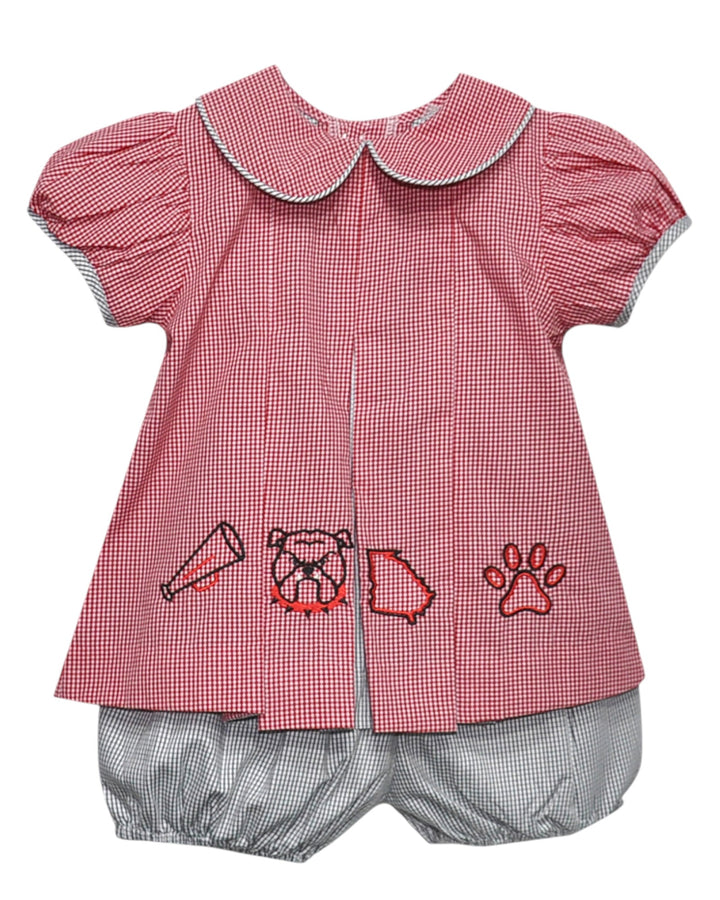 Red checkered top with embroidered designs and gray bloomers on a white background