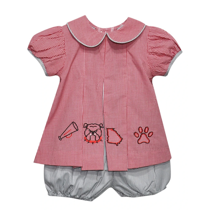 Red checkered top with embroidered designs and gray bloomers on a white background