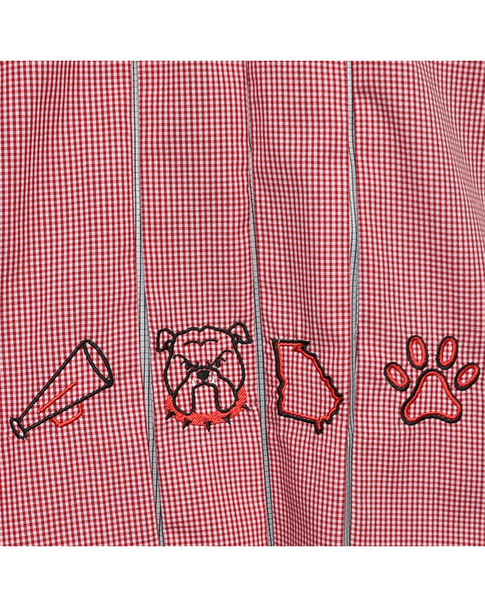Red checkered fabric with embroidered bulldog and paw design