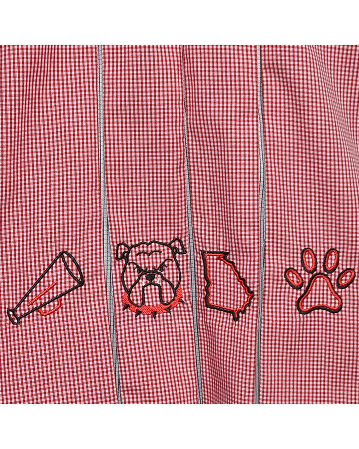 Red checkered fabric with embroidered bulldog and paw design
