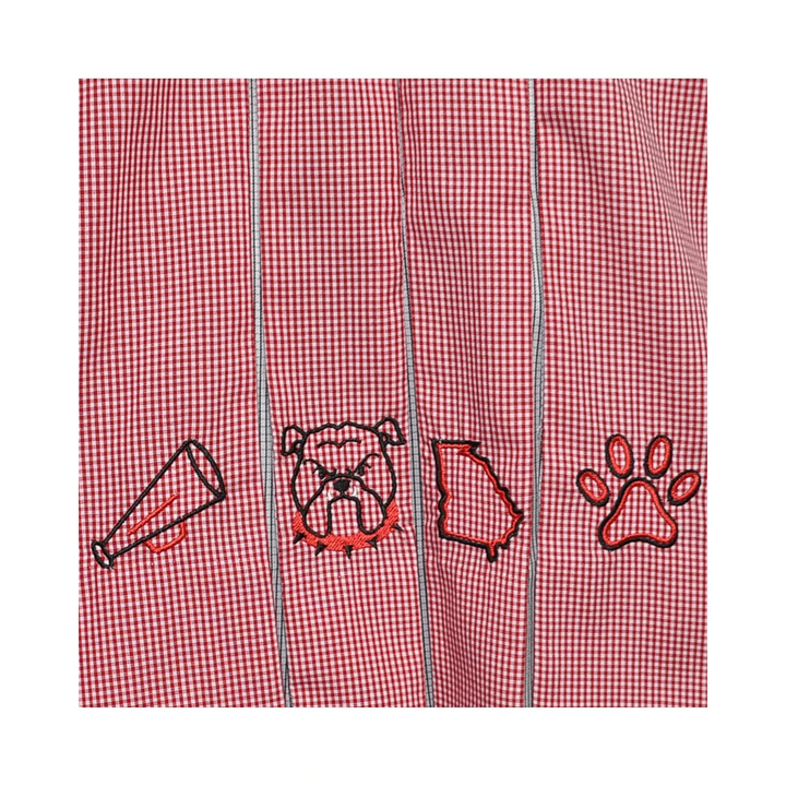 Red checkered fabric with embroidered bulldog and paw design