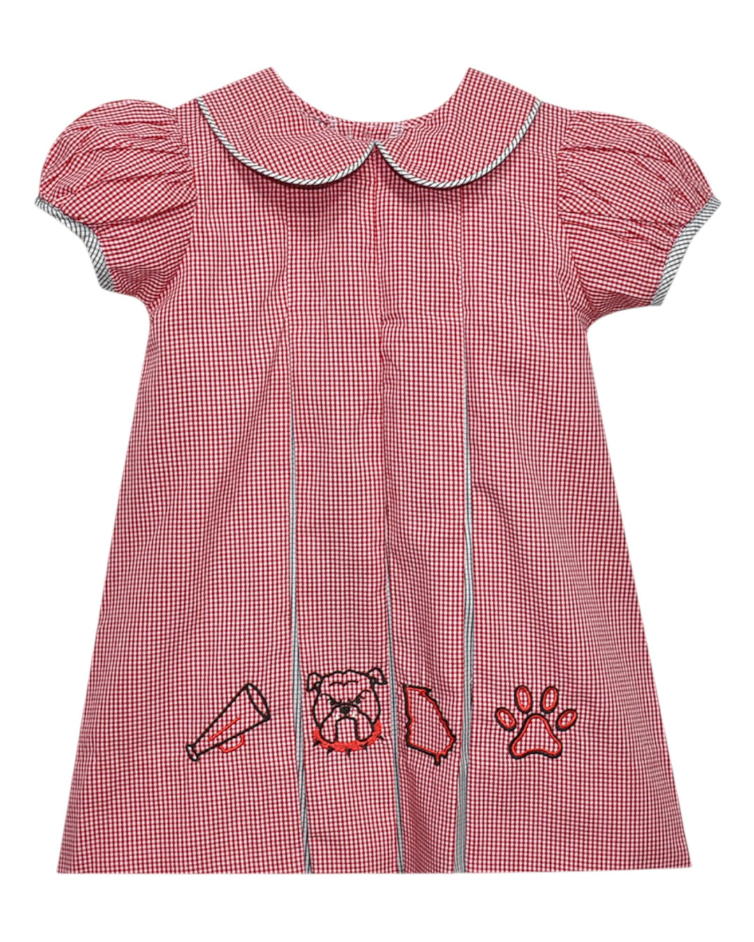 Red checkered dress with embroidered designs on a white background