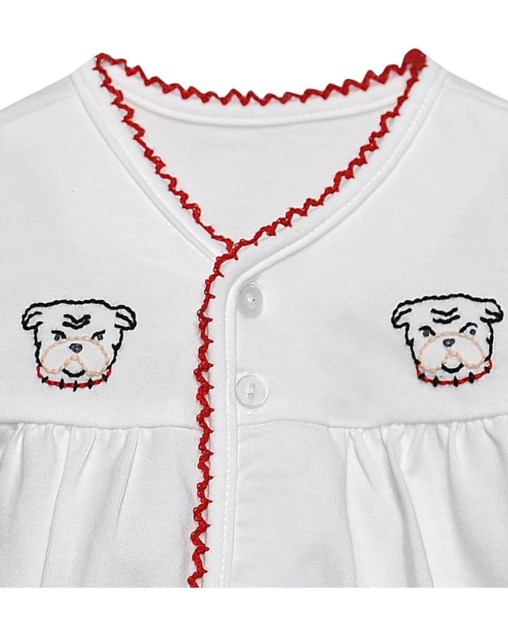 White baby outfit with red trim and bulldog embroidery on a white background