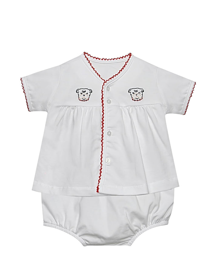 White baby romper with red trim and bear face designs on a white background