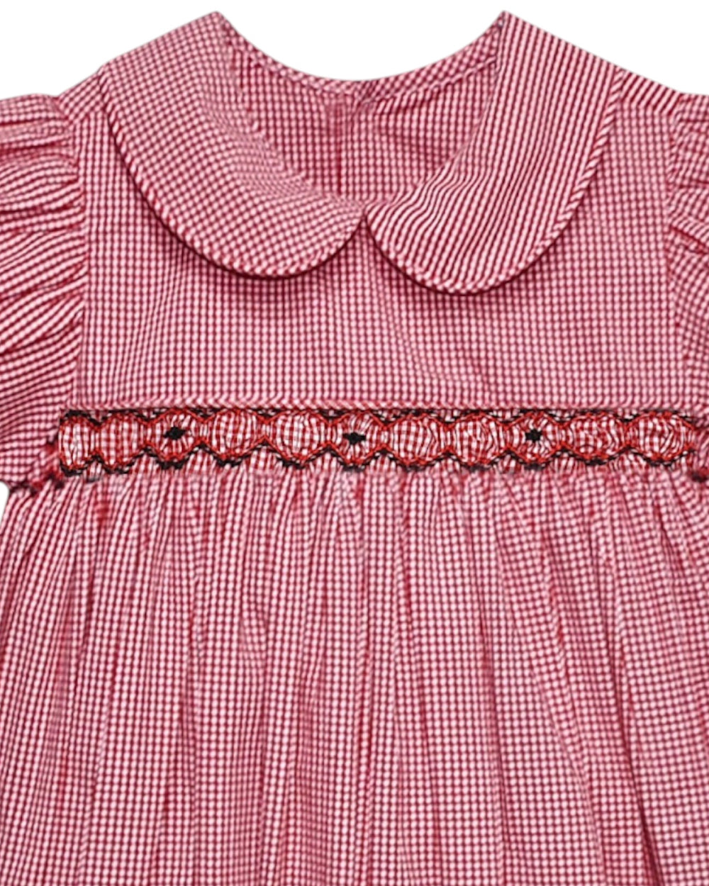 Red checkered dress with smocked neckline on a white background