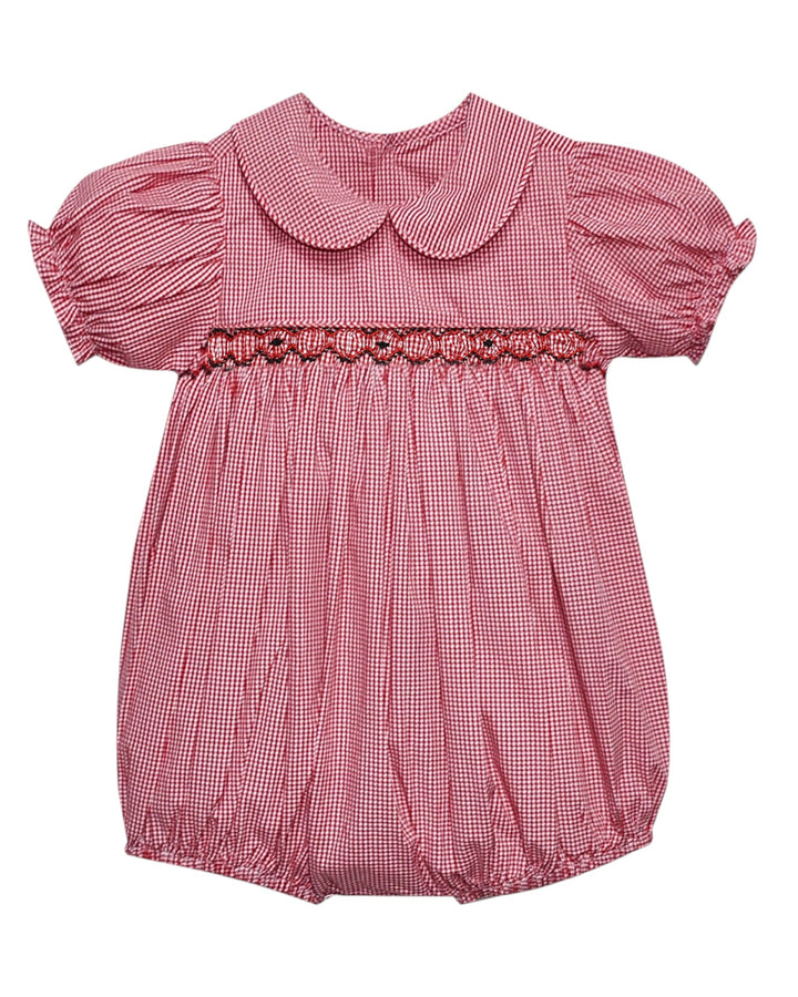 Pink checkered baby romper with a collar on a white background