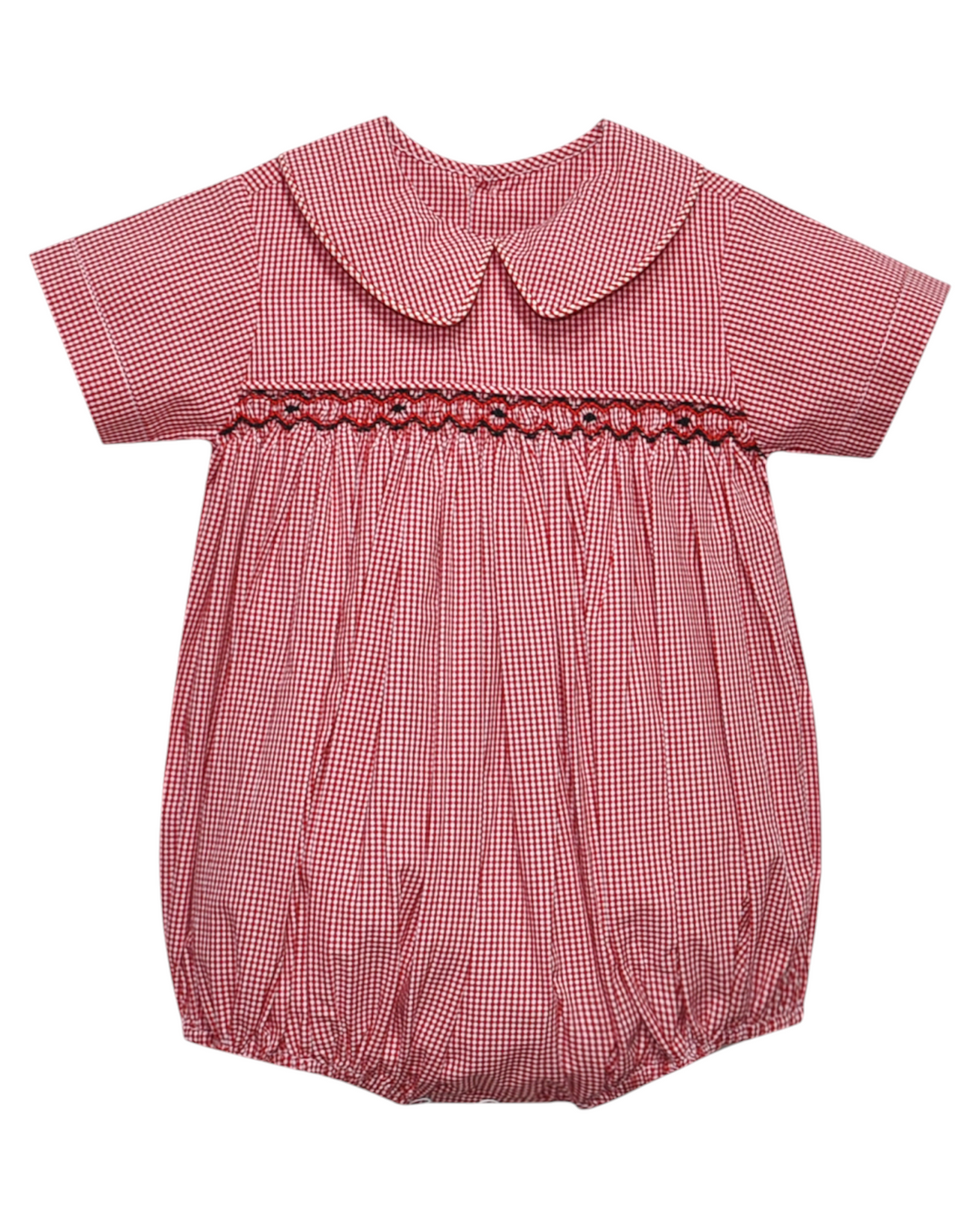 Red checkered baby romper with a collar on a white background