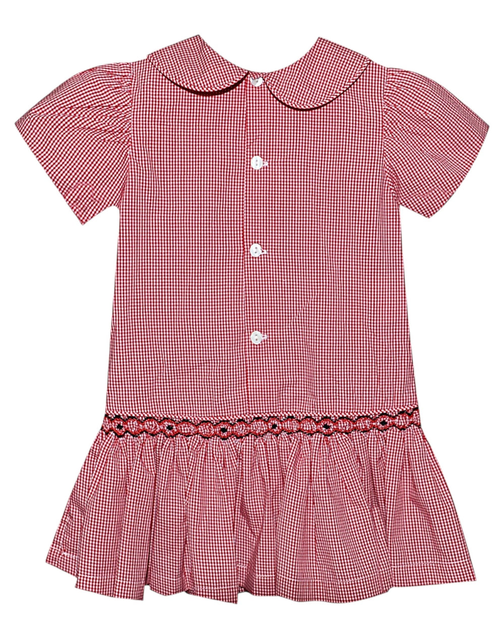 Red and white checkered dress with a Peter Pan collar on a white background