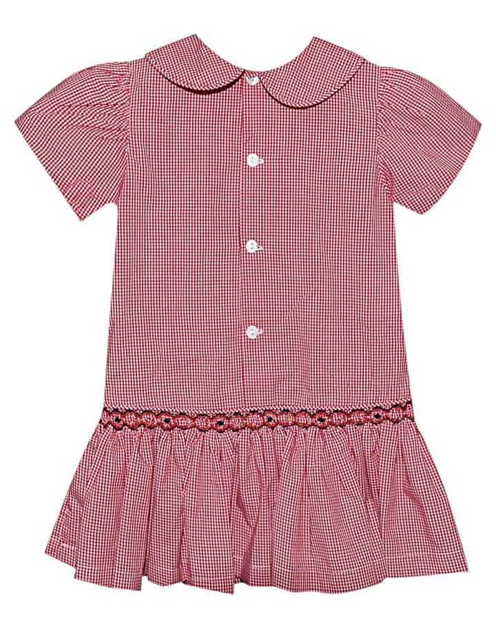 Red and white checkered dress with a Peter Pan collar on a white background