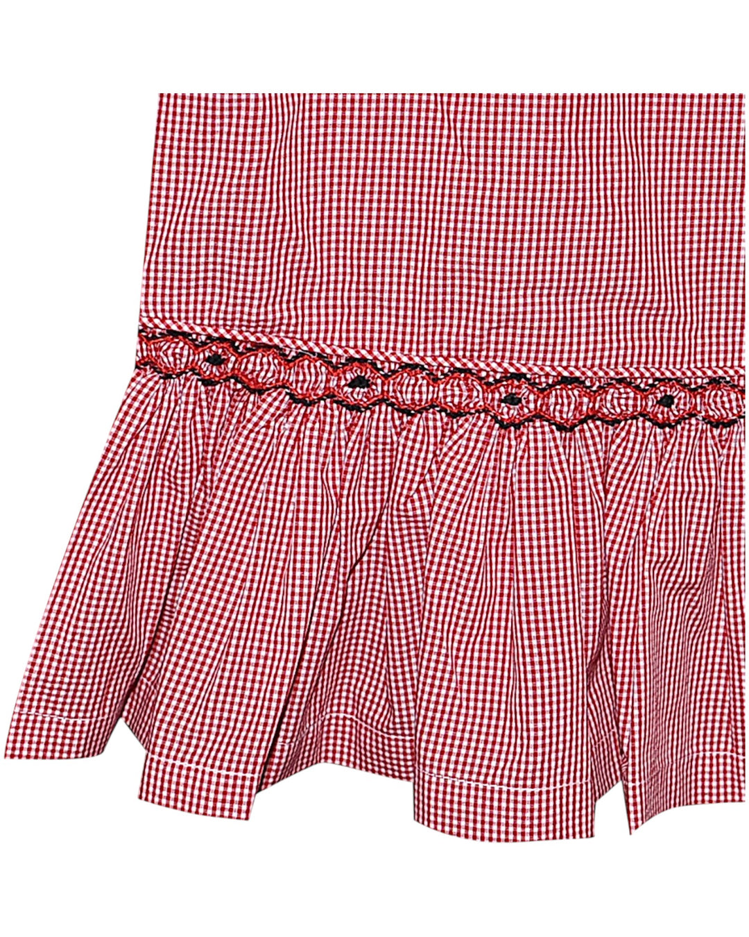 Red and white checkered shorts with a decorative waistband on a white background