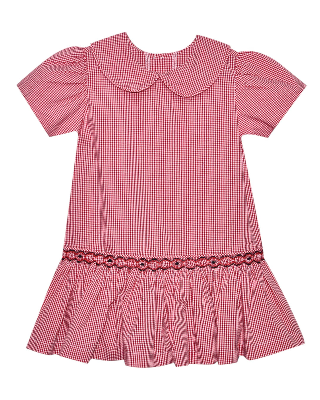 Red checkered dress with a ruffled collar and hem on a white background