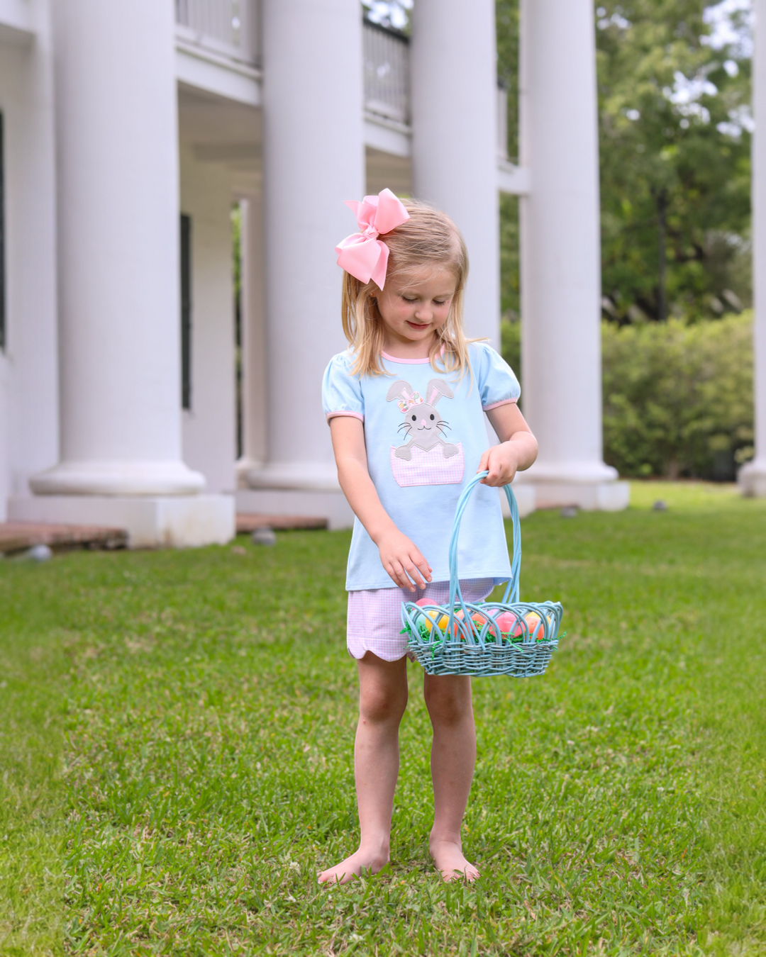 Bunny Applique Blue Scalloped Girls Short Set, That Store, child