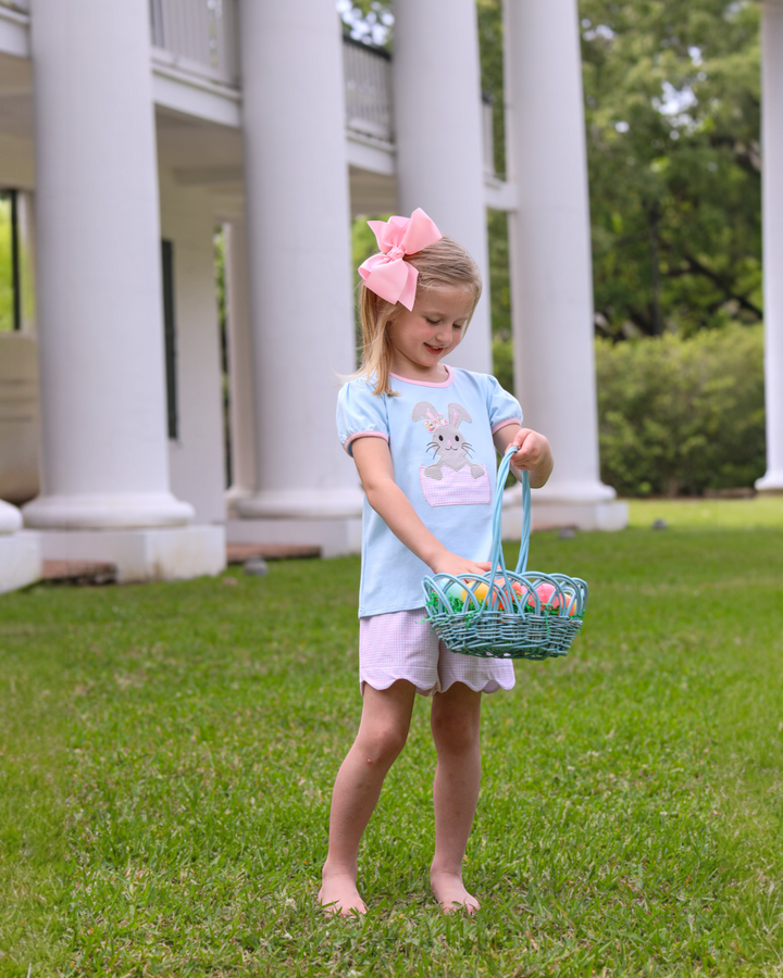 Bunny Applique Blue Scalloped Girls Short Set, That Store, child 2