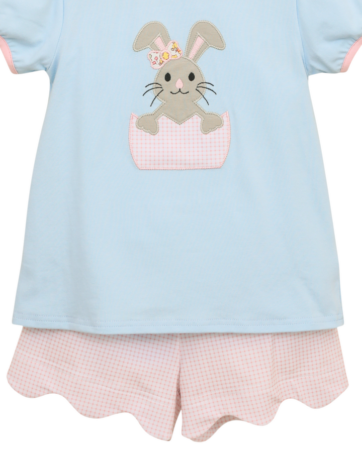 Bunny Applique Blue Scalloped Girls Short Set, That Store, close up