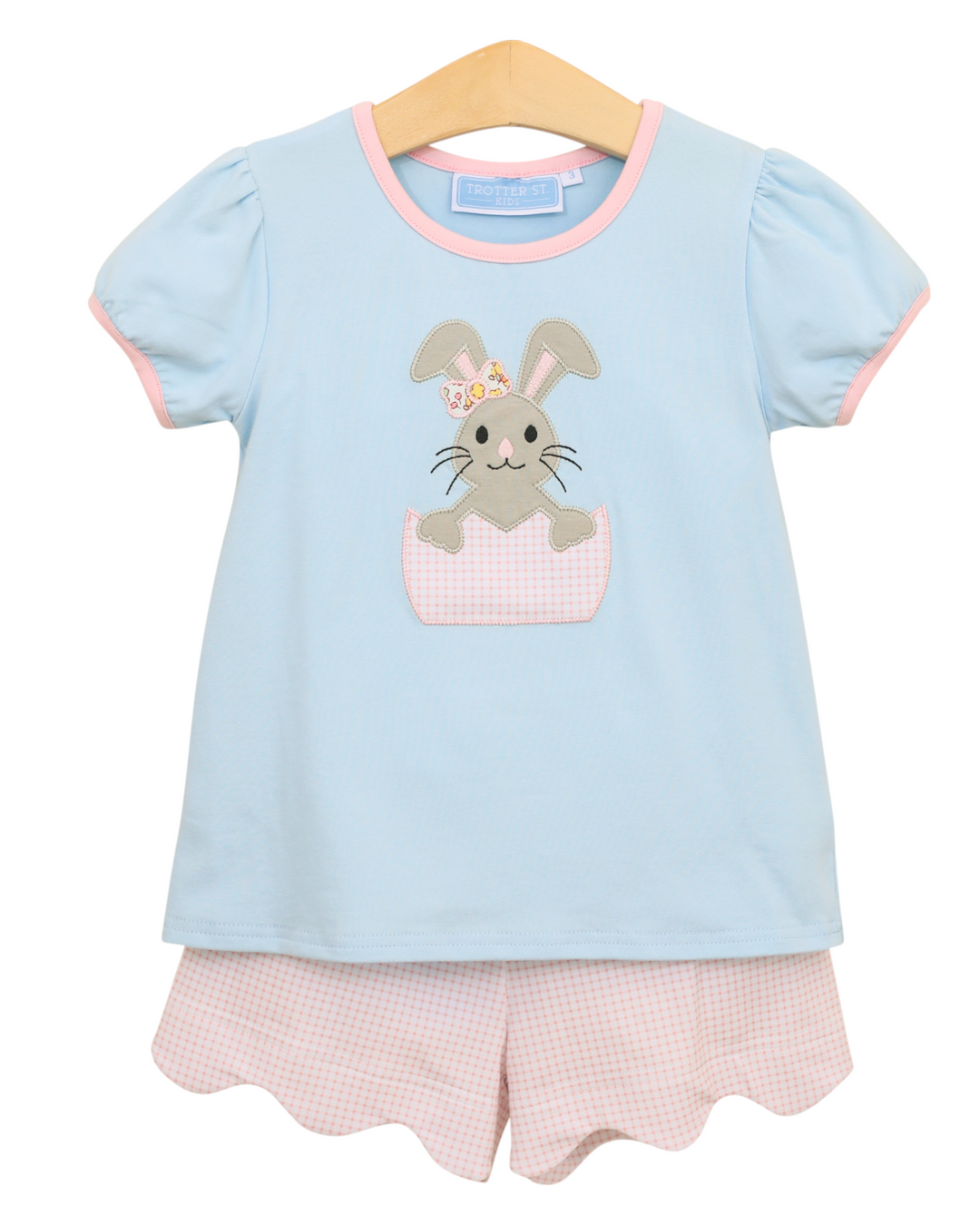 Bunny Applique Blue Scalloped Girls Short Set, That Store, front