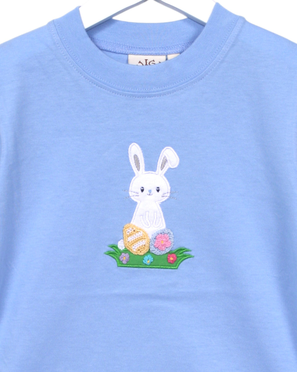 Light blue sweatshirt with an embroidered bunny and Easter eggs design.