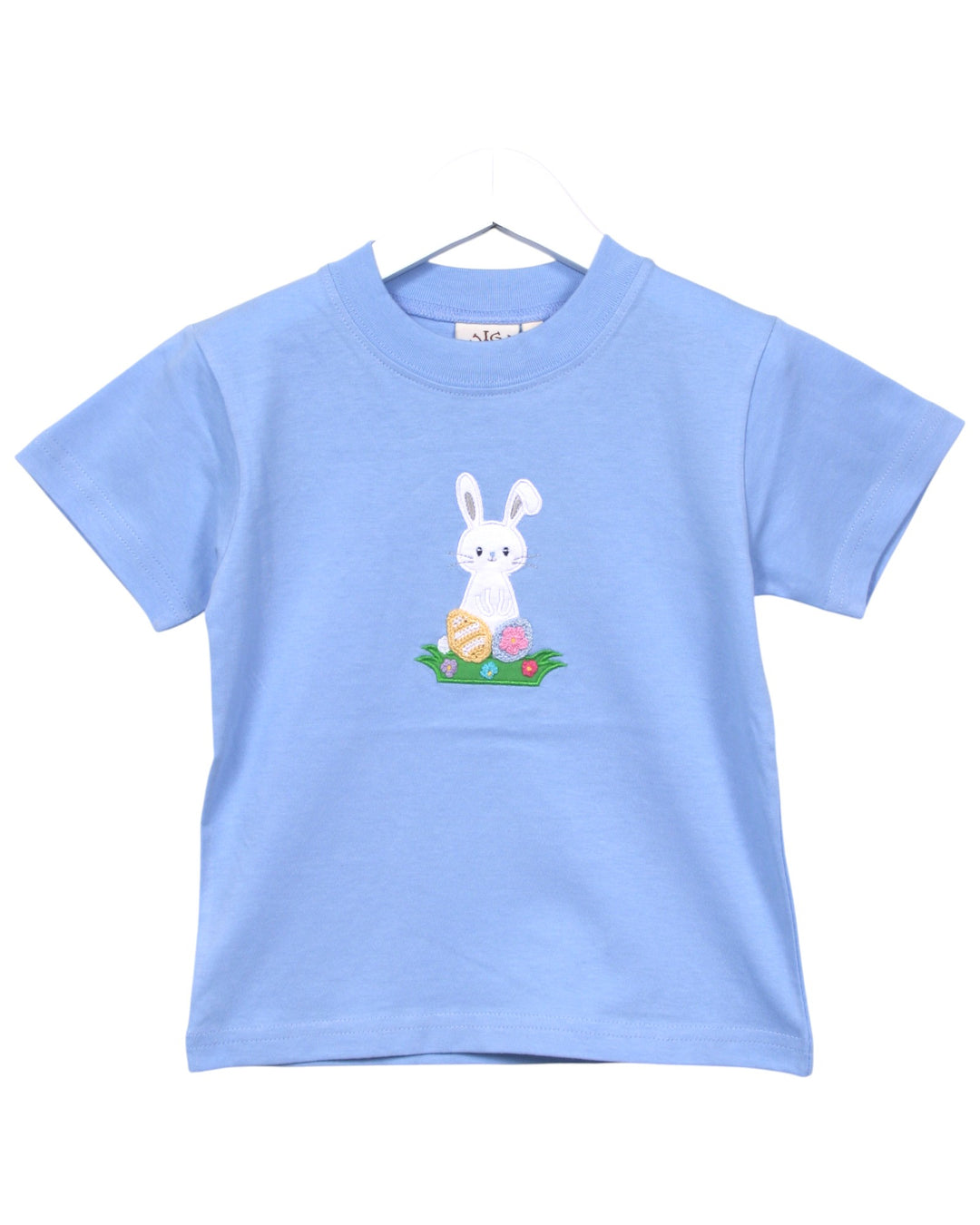 Light blue t-shirt with a bunny design on a white background