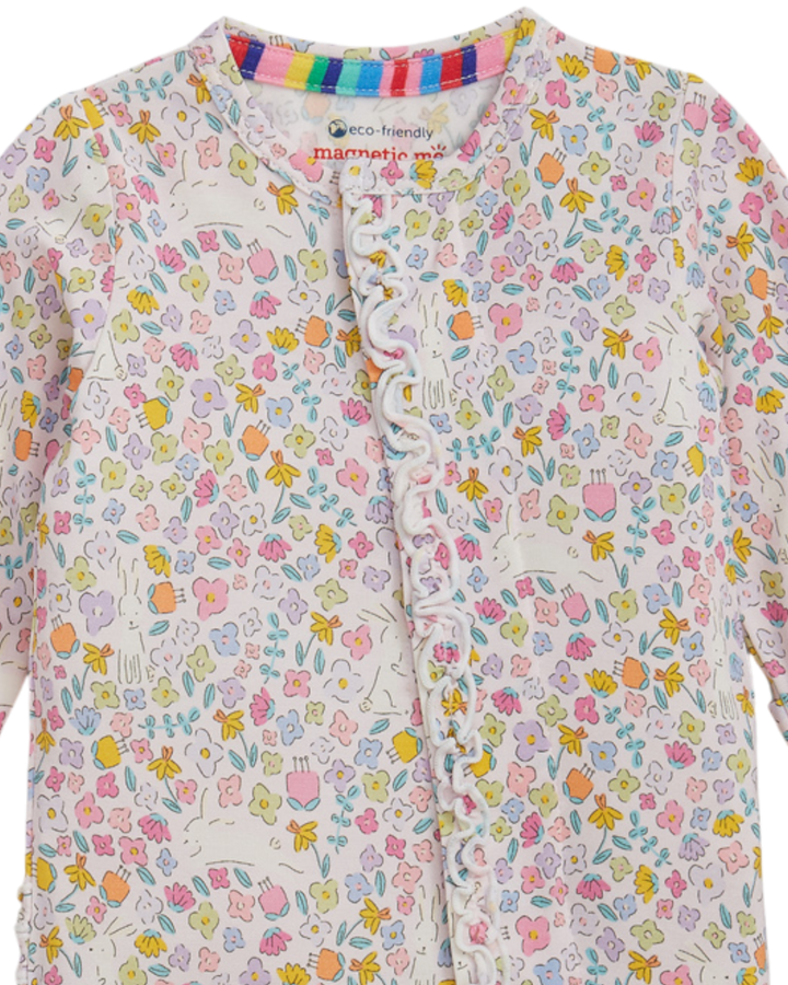 Children's cardigan with colorful floral pattern on a white background