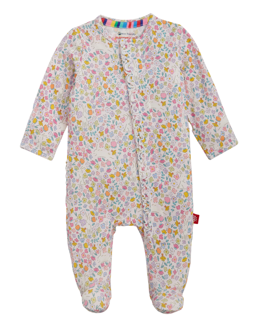 Floral patterned baby onesie with colorful trim on a white background