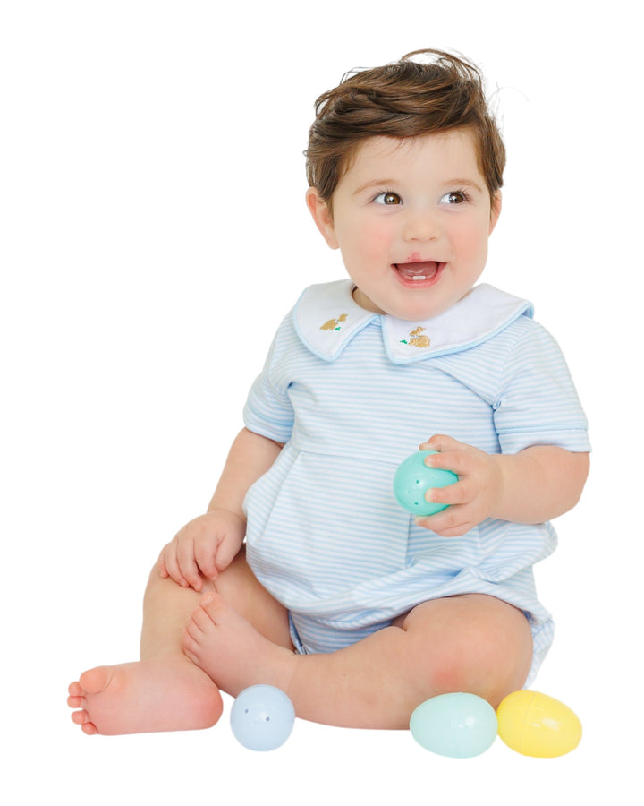 Bunny Embroidered Blue Stripe Boy Bubble