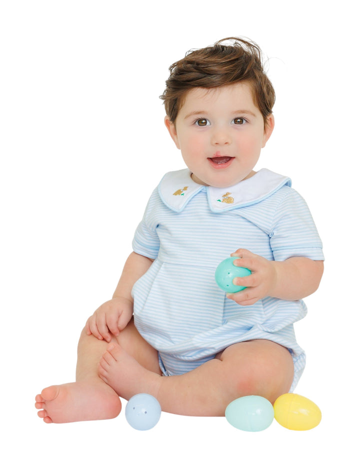 Bunny Embroidered Blue Stripe Boy Bubble