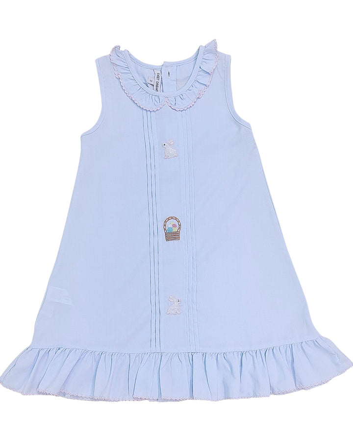 Light blue dress with ruffled collar and hem on a white background