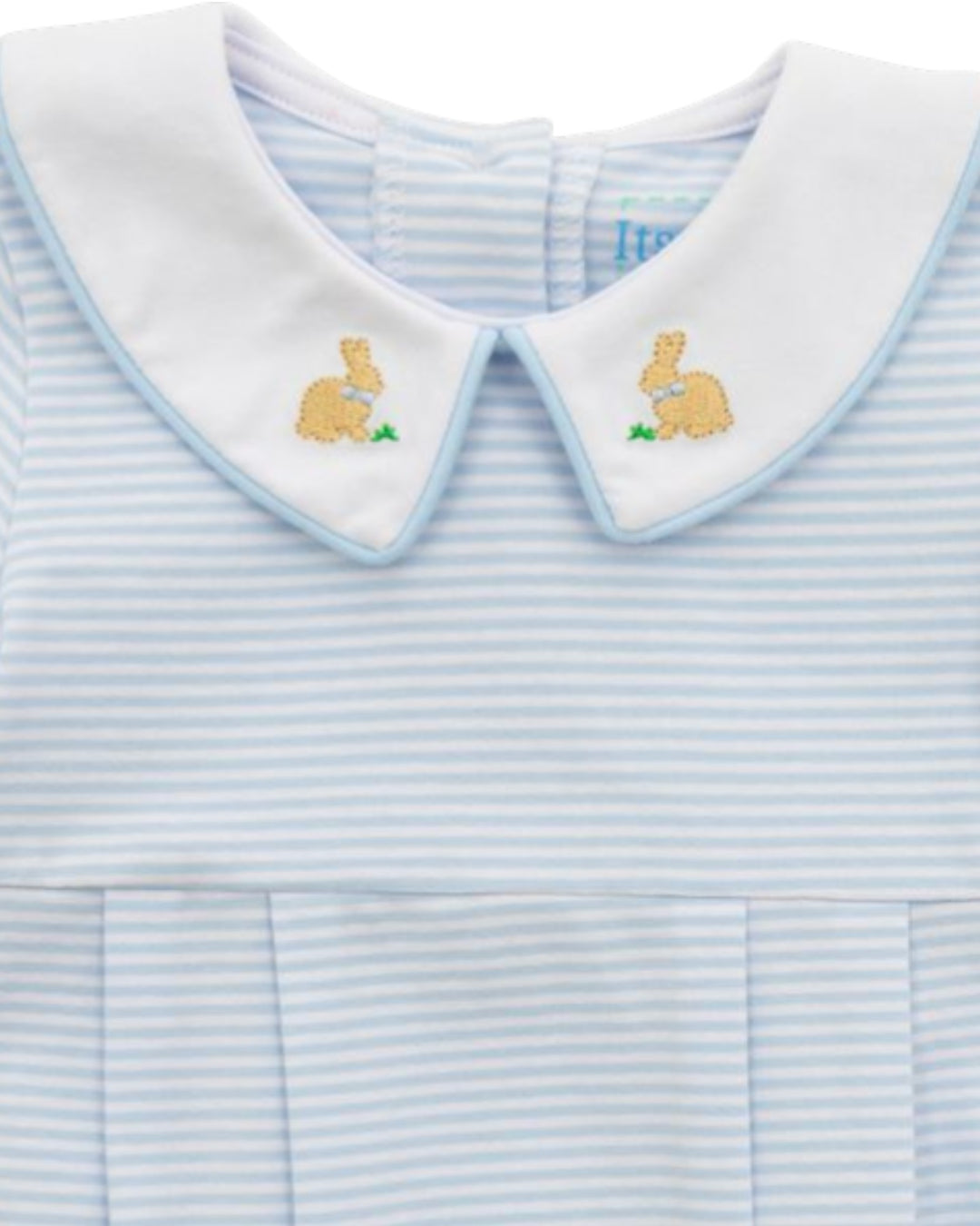 Light blue striped shirt with embroidered bunny design on a white collar