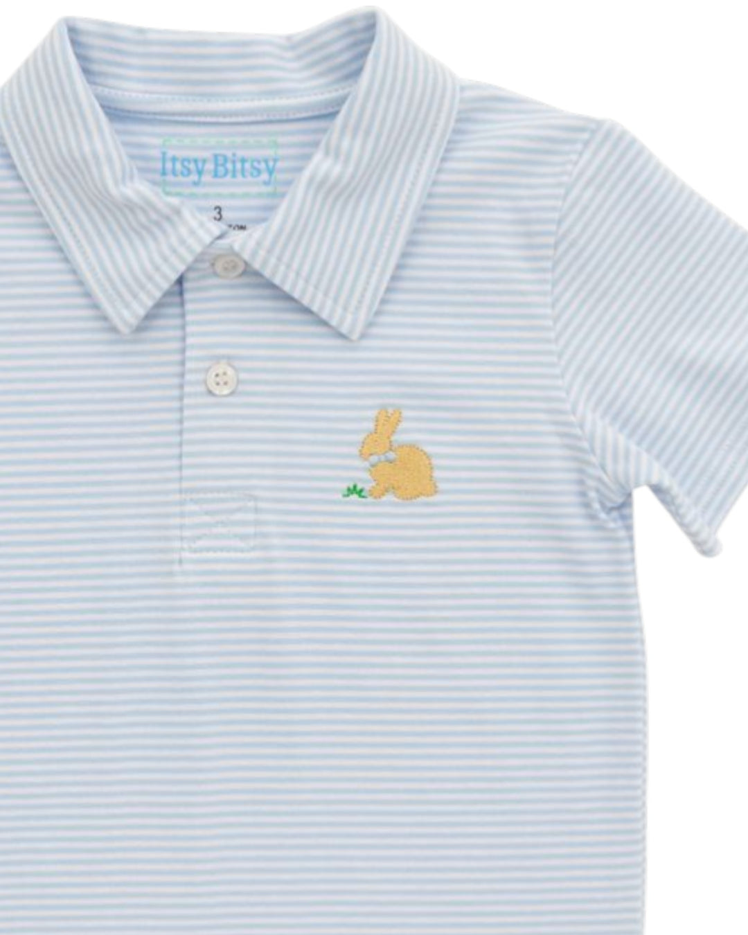 Light blue striped polo shirt with a yellow bunny logo on a white background