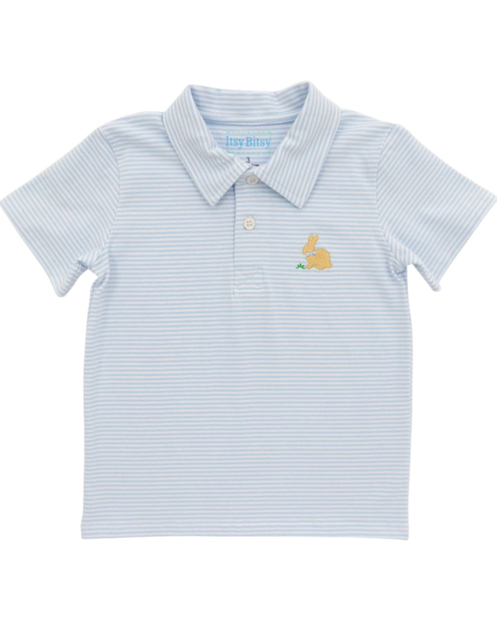 Light blue striped polo shirt with a small embroidered design on a white background