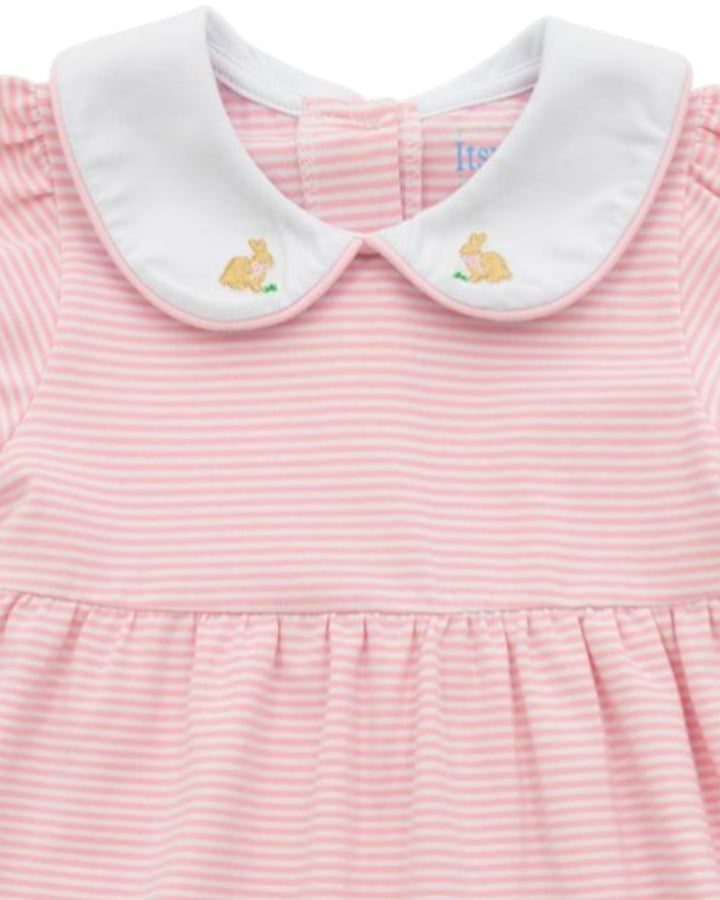 Pink striped dress with white collar featuring embroidered bunnies on a plain background