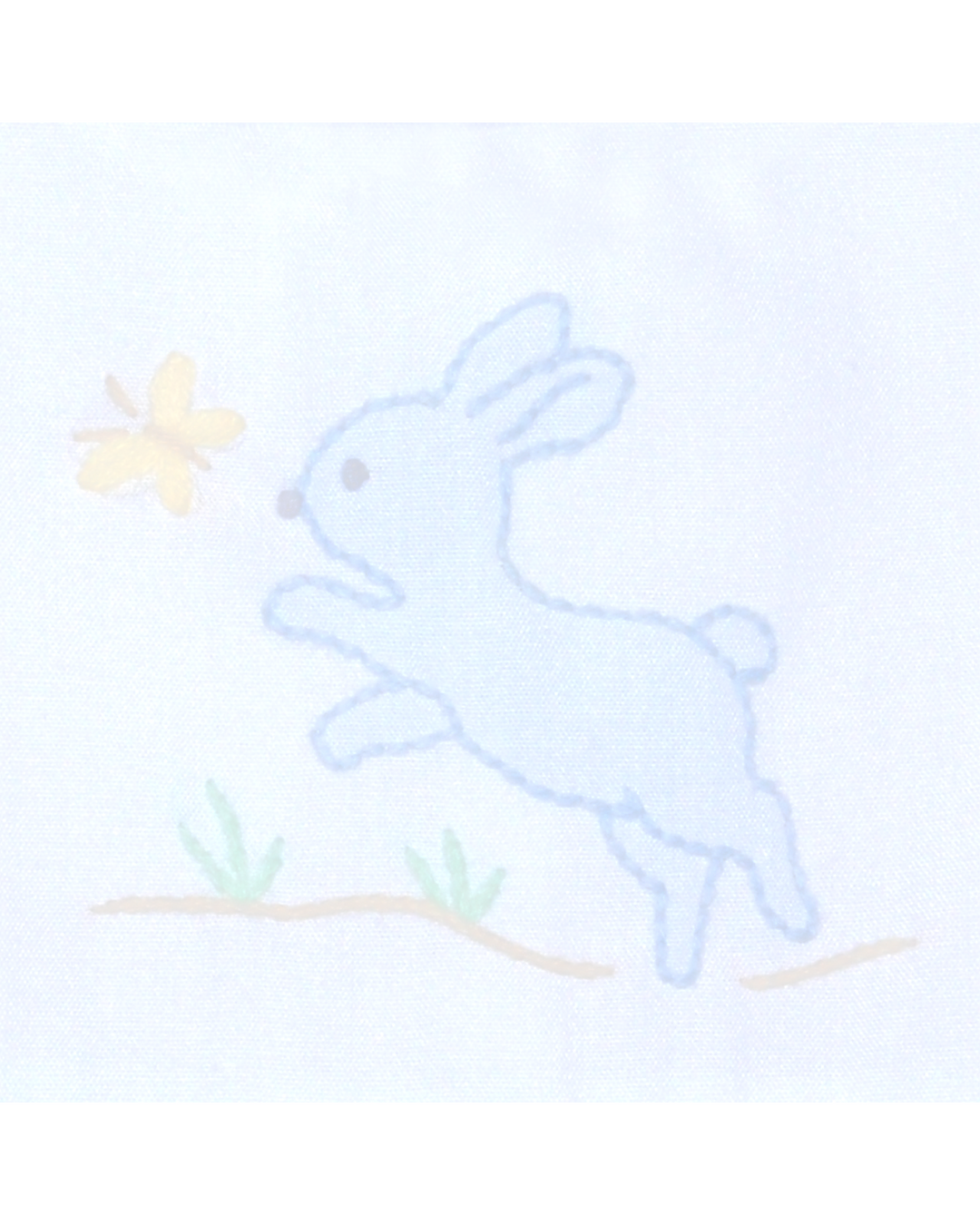 Bunny Hopping Embroidered White and Blue Boys Shortall, That Store, close up