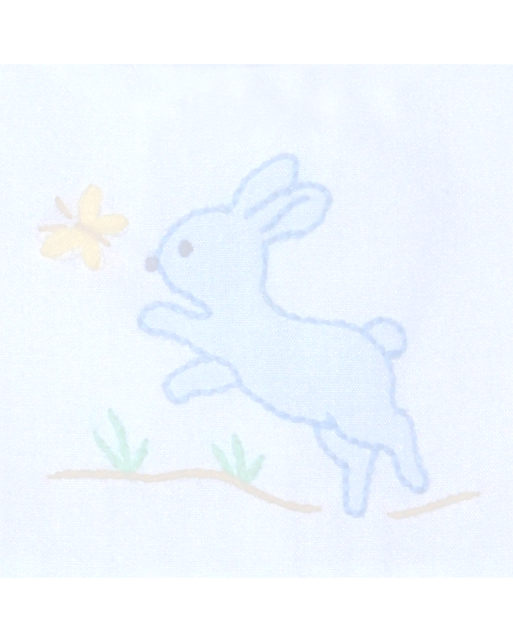 Bunny Hopping Embroidered White and Blue Boys Shortall, That Store, close up