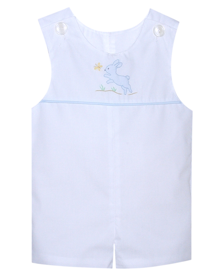Bunny Hopping Embroidered White and Blue Boys Shortall, That Store, front