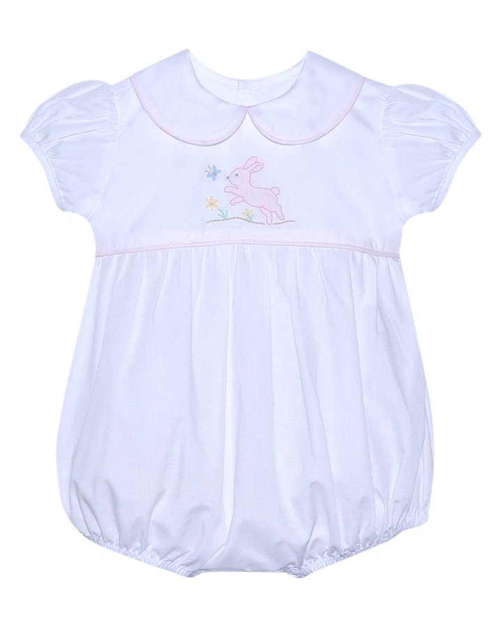 Bunny Hopping Embroidered White and Pink Girls Bubble, That Store, front