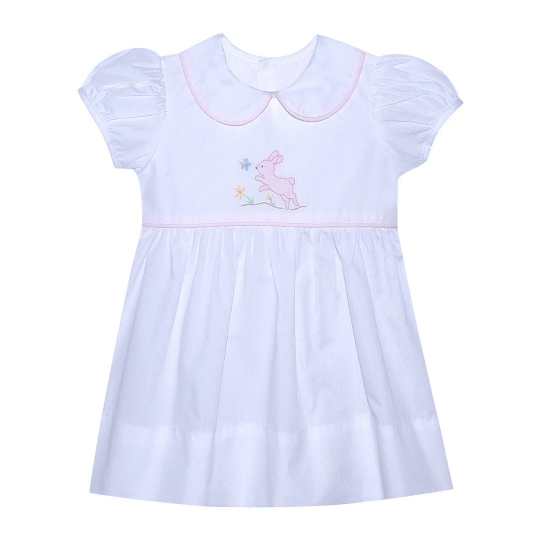 Bunny Hopping Embroidered White and Pink Girls Dress, That Store, front