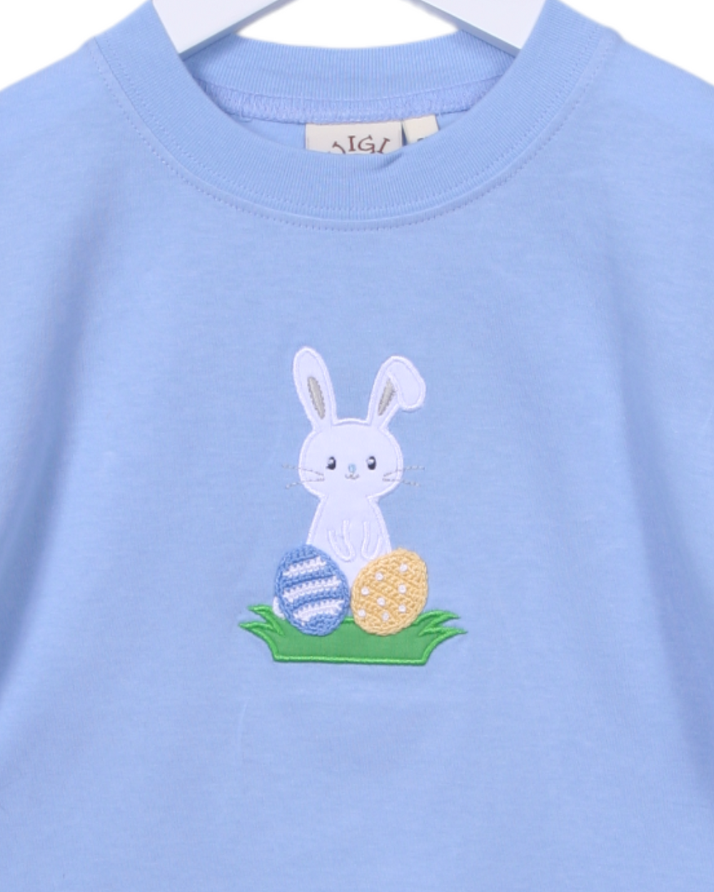 Bunny With Easter Eggs Light Blue Boys Shirt, Shop That Store, close up