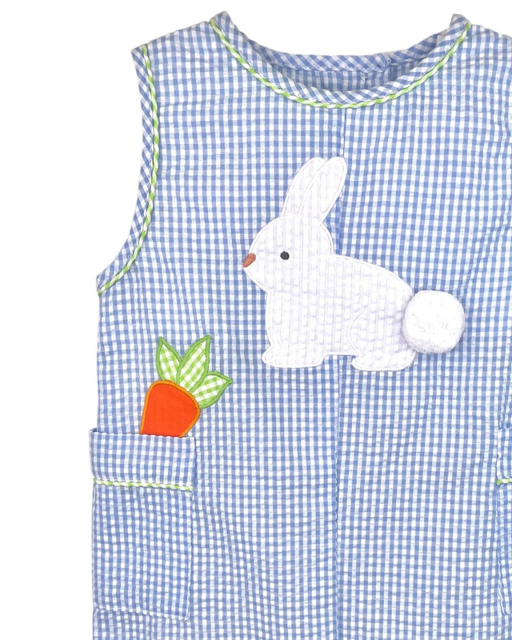 Bunny with Carrot Applique Blue Seersucker Boys Jon Jon, That Store, close up